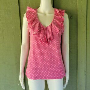 LAUREN Ralph Lauren Pink Polka Dot Ruffle Neckline Top Medium M
